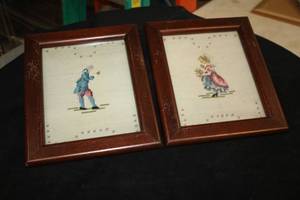 Lot of (2) Wall Art - Man and Woman - Knitted 2-piece , Framed