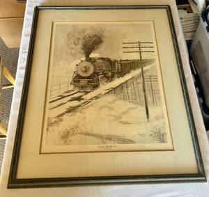 lot 25 image: Empire Builder #2 Limited Edition Numbered Train Print 411585 by Larry Fisher - Signed, Frames, and Matted - 32x26