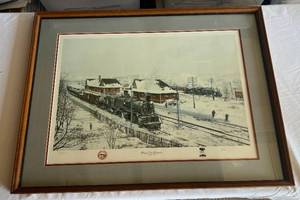 lot 26 image: Magic City Pioneers Limited Edition Numbered Train Print 288585 by Larry Fisher - Minot-Ward County Centennial - Signed, Framed, Matted 35x17.5