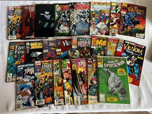lot 46 image: Large Lot of 23 Variosu Comic Books - Spiderman, Wolverine, Marvel, DC, Venom, Iron Man, Joker, Star Wars, Tramsformers, Fantsastic Four, Alpha Flight, WildCat, Shadowhawk