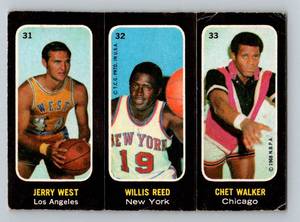 lot 18A image: 1971 Topps Stickers #31, 32, 33 - Jerry West, Willis Reed, Chet Walker Vintage Basketball Card