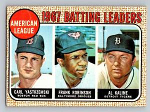 lot 32A image: 1968 Topps #2 AL Batting Leaders - Carl Yastrzemski, Frank Robinson, Al Kaline - 3 HOFs Vintage Baseball Card