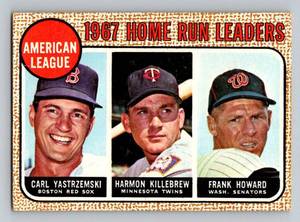 lot 36A image: 1968 Topps #6 AL HR Leaders - Carl Yastrzemski, Harmon Killebrew, Frank Howard Vintage Baseball Card