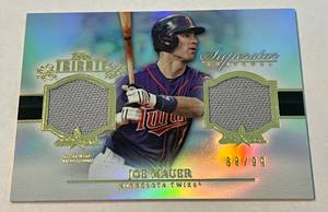 lot 22A image: Joe Mauer 99 Dual Relic 2013 Topps Tribute Superstar Swatches #SS-JM, numbered 6899 Game-Used, Minnesota Twins Baseball