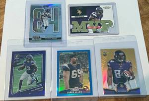 lot 59A image: Minnesota Vikings 5 Card Lot - Dalvin Cook 50 Purple Optic, Adrian Peterson Die Cut 100,  Randy Moss, Cordarelle Patterson RC, Jared Allen Blue Topps Chrome,