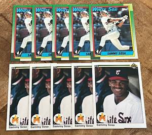lot 71A image: 10 Sammy Sosa RCs - 5 1990 Topps and 5 1990 Upper Deck - Rookie Baseball Cards