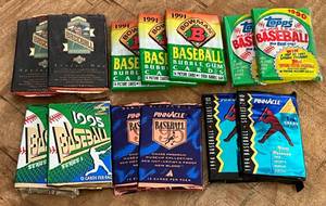lot 74A image: 13 Unopened Baseball Packs (2) 1993 Upper Deck - Derek Jeter RC (2) 1994 Pinnacle (2) 1995 Pinnacle (3) 1991 Bowman (2) 1990 Topps - Baseball Cards