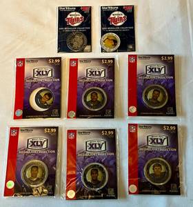 lot 82 image: 8 Minnesota Vikings  Twins Star Tribune Football Medallions - Carter, Tarkenton, Morneau (3) Browner, Studwell - Football Baseball