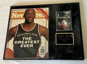 lot 23B image: Michael Jordan Plaque With Newsweek Magazine and Card - Chicago Bulls Basketball