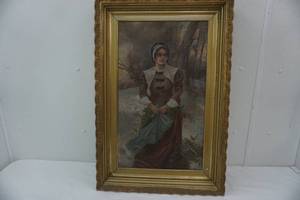 lot 76 image: Antique painting of young lady gathering greens
