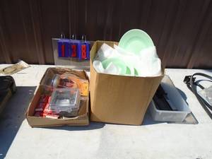 Qty of 3 bins of glassware, locks & staplers. As shown.