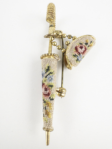 lot 148 image: 1950S Vintage Needlepoint Floral Umbrella & Mini Handbag Gold Tone Base Metal Brooch .