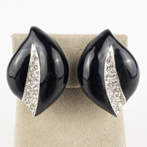 lot 165 image: Joan Rivers Black Enamel Pave Rhinestone Leaf Base Metal Clip-On Earrings .