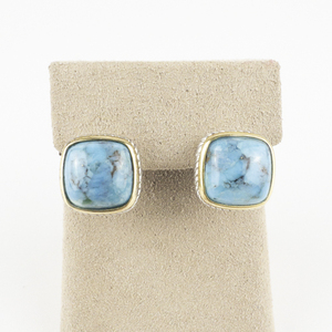 lot 167 image: Chapal-Zenray Cushion Cut Turquoise In Bezel Setting Sterling Silver Omega Back Earrings .