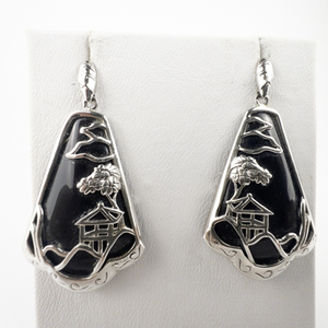 lot 184 image: Eastmart  Asian Hillside Motif Black Onyx Inlay Sterling Silver Dangle Earrings .