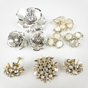 lot 185 image: 3 Sets Of Matching Rhinestone Brooches & Base Metal Clip-On Earrings .