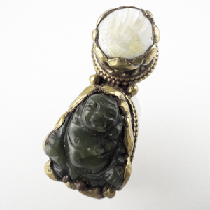 lot 220 image: Buddha Carving & Mother Of Pearl Inlay Brass Statement Ring. Size 9.5 - 9.75