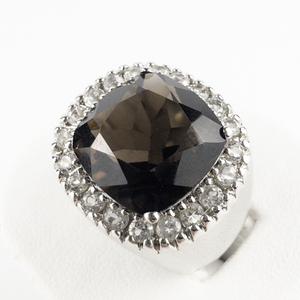 lot 221 image: Amsterdam Diamond (ADI)  Cushion Cut Smoky Quartz With Halo Sterling Silver Cocktail Ring . Size 7.5 - 7.75