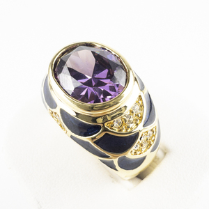 lot 223 image: Joan Rivers Blue Enamel & Rhinestone Scale Band With Oval Cut Amethyst Yellow Base Metal Cocktail Ring . Size 9.75 - 10