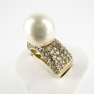 lot 225 image: Light Blue & White Pave Band With Faux Pearl Vermeil Cocktail Ring . Size 9.75 - 10