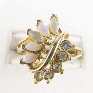 lot 245 image: Created Opal & Rhinestone Leafy Gold Tone Base Metal Cocktail Ring. Size 7.5 - 7.75