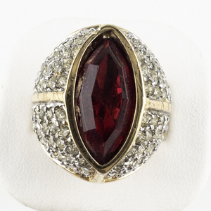 lot 247 image: American Ring Co  Ruby Red & White Rhinestone Gold Tone 18KGE Cocktail Ring. Size 5.5 - 5.75