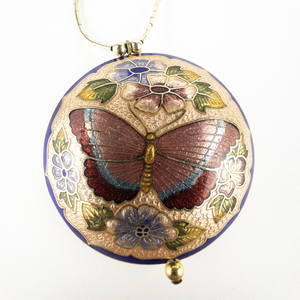 lot 257 image: Beautiful Colorful Cloisonne Enamel Double Sided Butterfly Gold Tone Base Metal Pendant Necklace .