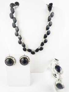 lot 277 image: Set of 3 Black & Silver Tone Base Metal Necklace, Bracelet & Non-Pierced Earrings.