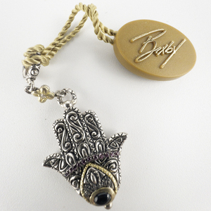 lot 283 image: Barbara Bixby Diamond, London Blue Topaz, & Pink Garnet Sterling And 18K Yellow Gold Hamsa CharmPendant. Like New With Original Tag Retail $300