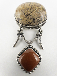 lot 285 image: Surati (Bali)  Jasper & Carnelian Dangle Sterling Silver Pendant Brooch .