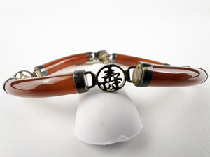 lot 125 image: Red Jade () & Chinese Characters  Sterling Silver Bracelet.