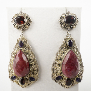 lot 20 image: Nicky Butler  Ruby, Garnet And Amethyst 7 Gemstone Filigree Sterling Silver Dangle Earrings .