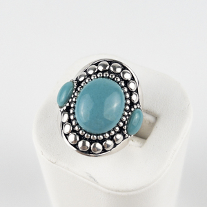 lot 22 image: Three Stone Cabochon Turquoise Sterling Silver Statement Ring . Size 7.75 - 8
