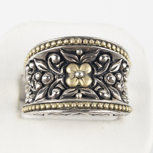 lot 27 image: Barbara Bixby Flower & Scroll Leaf Motif Sterling & 18K Yellow Gold Band Ring . Size&nbsp9.75 - 10.