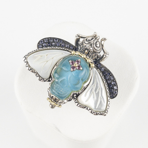 lot 29 image: Barbara Bixby Multi-Gemstone Bee Skull Sterling And 18K Yellow Gold Statement Ring . Size 8.75 - 9.