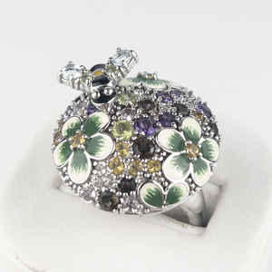lot 32 image: Sima K  Multi Gemstone Bee & Violet Sterling Silver Statement Ring . Size 8.75 - 9