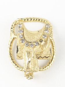 lot 38 image: Rhinestone Horse Saddle Gold Tone Base Metal Scarf Slider Clip. Super Unique