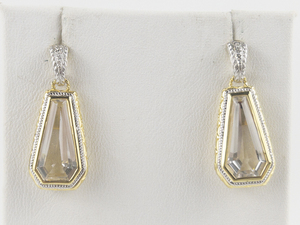 lot 7C image: Andrea Ventura  Shield-Shaped Quartz With Diamond Accented Two-Tone Sterling Silver Dangle Earrings .