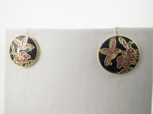 lot 161 image: 1980s Cloisonne Hummingbird Gold Plated Post Back Pierced Earrings.