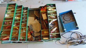 lot 129 image: Tackle Box with Lures and Columbian Aqua Probe Depth Finder