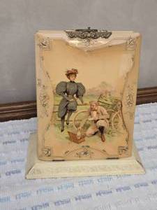 lot 26 image: Vintage Victorian-Style Easel Photo Album with Bicycle Scene Cover with Black and White Photos