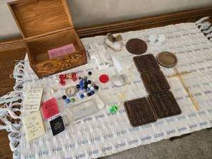 lot 66 image: Wooden Box full of Various Trinkets - Suit Coasters, Cross and More