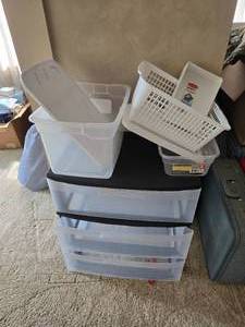 lot 116 image: 3 Drawer Plastic Cabinet and Other Plastic Storage Bins