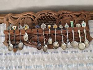 lot 122 image: Lot of Collector Spoons and Rack - Some Silver Plated, Most are From Foreign Travels