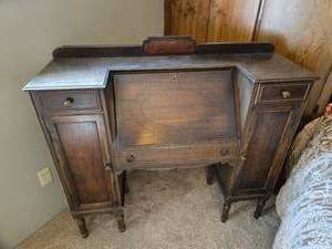 lot 143 image: Antique Wooden Secretary Desk with Drop-Front and Side Cabinets