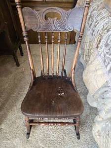 lot 144 image: Antique Wooden Spindle Back Rocking Chair with Decorative Carved Backrest