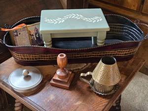 lot 150 image: Small Decorative Stool, Light Metal Fancy Basket and Other Small Decorative Items