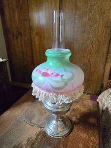lot 154 image: Aladdin Kerosene Lamp with Hand-Painted Glass Shade and Chimney