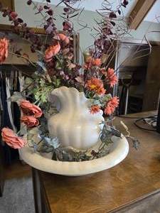 lot 164 image: Vintage Pitcher and Bowl with Faux PlantsFlowers