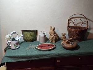lot 209 image: Basket, Small Crock, Faux Decorative Waterer, Oil Lamp and Other Smalls